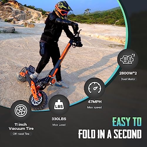 Electric Scooter for Adults 5600W Dual Motor 52MPH Max Speed 60 Miles Range | 60V 30Ah Battery, 11" Tubeless All Terrain Tires, Full Suspension,Detachable Seat,Foldable,Stable Off Road Sports E-Scooter