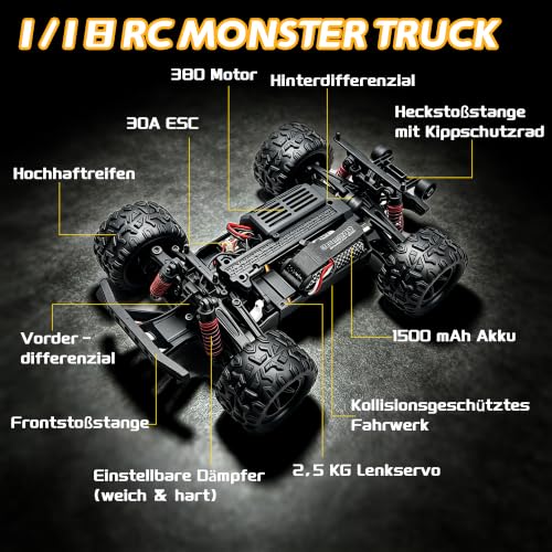 Remote Control Cars, 1:18 RC Cars for Adults, 40KM/H High-Speed RC Truck, 4X4 All-Terrain Remote Control Truck, RC Buggy with 2 Batteries, IPX4 Waterproof, 2.4GHz Remote, Head Lights
