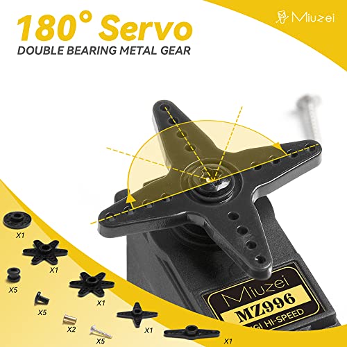 Miuzei MG996R Servo Motor Metal Gear High Torque for 1/10 RC Car Boat (6) | 15.2kg.cm Torque, 0.13S/60°Speed @6V. 55g, Digital 180 Degree, Steering Kit with Arm for RC Robot Helicopter Arduino Plane