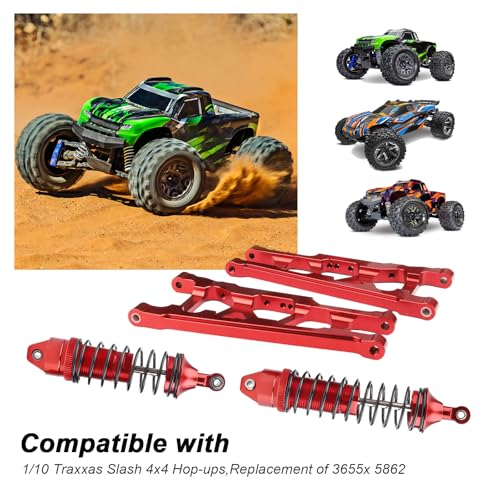 HobbyPark Front & Rear Aluminum Suspension Arms Set and Full Metal Shock Absorber Assembled for 1/10 Traxxas Slash 4x4 Hop-ups,Replacement of 3655x 5862 (Red)