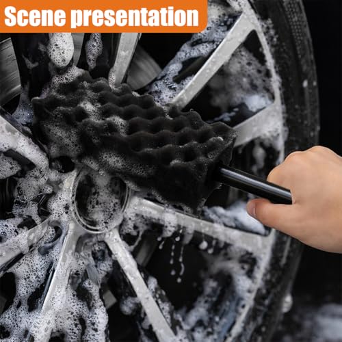 Craedli Soft Foam Wheel Brush, Car Detailing Rim Cleaner Tool (Black) | Non-Scratch Wavy Sponge Head, Long-Reach Wheel Scrubber Brush, Ergonomic Grip Handle, Versatile Deep Cleaning Application - color: Black