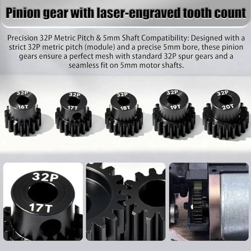 5Pcs 32P Hardened Steel Pinion Gear Set 5mm Shaft 16T 17T 18T 19T 20T Motor Pinion Gear with M4 Screw and Hex Key, for Arrma HPI Kyosho Losi Axial Traxxas Tamiya 1/10 RC Car and 540/550 Motors - size: 32P-HSP-5mm-16-20T