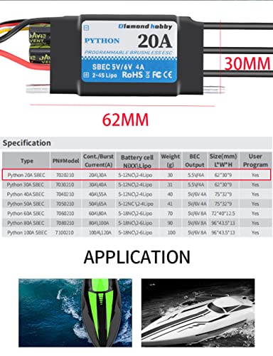DH 20A 2-4S Waterproof Brushless ESC Electronic Speed Controller with 5.5V/4A BEC and XT60 3.5mm Banana Head Connector for Model Ship RC Boat (20A) - size: 20A