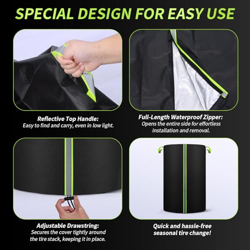 Tire Cover for Storage, 420D Oxford Waterproof Up to 33in Tire Bag with Reflective Handles, Fits 4 Tires Storage Bag with Zipper & Drawstring Lock for UV Protection, Dirt-Resistant