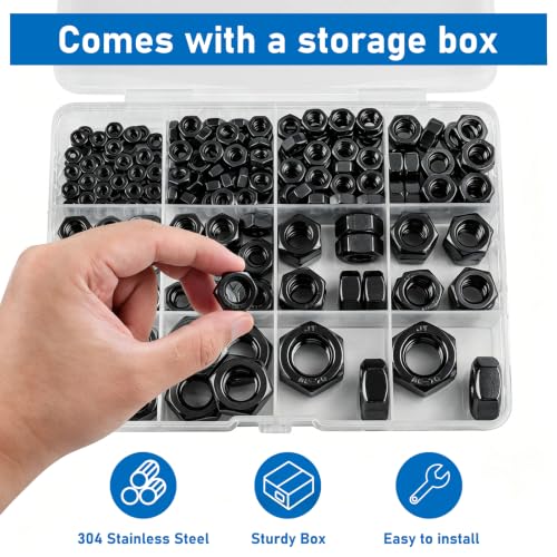 Metric Black Hex Nuts, 237 Pack A2-70 Coarse Thread Nuts | 237 Pack M3-M12 Sizes, Black Zinc Plated Rust Resistant, Standard Coarse Thread for Home & Industrial Fastening - color: Black, size: Metric