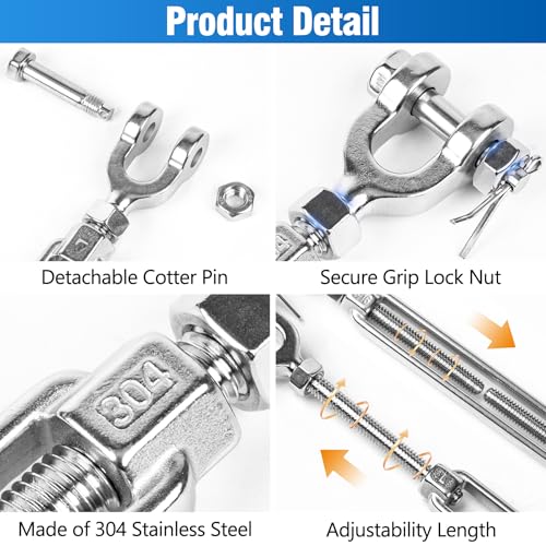 2 PCS M12 Turnbuckle 1/2" 304 Stainless Steel Jaw and Jaw Turnbuckle Tensioner, Heavy Duty Cable Tensioner, 4400 LBS Working Load Limit, Adjustable Turnbuckles for Cables Wire, Clothesline, Shade Sail - size: 1/2"-2 Pack