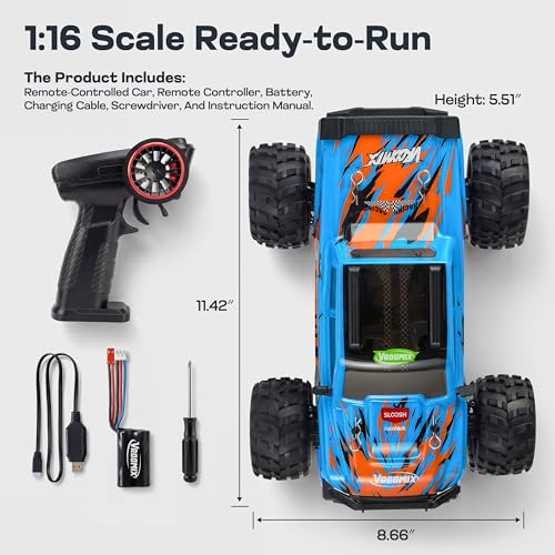 Vroomix 1:16 4WD RC Car, Blue Remote Control Light Hobby Racing Monster Truck Toy Gift for Kids, 3 Driving Modes, Up to 28 Mph, 35 Mins, 110 Ft Range, Toy Truck for Boys Age 8-12 & Adults - color: Blue