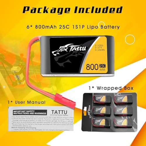 TATTU 3.7V 800mAh 25C 1S LiPo Battery Pack with JST Plug for F181 MJX X400 X400W X800 Holy Stone X200 X300C X500 Sky Viper S670 V950str V950hd HS110 HS200 Syma X56W HS200W RC Quadcopter(6 Pcs)