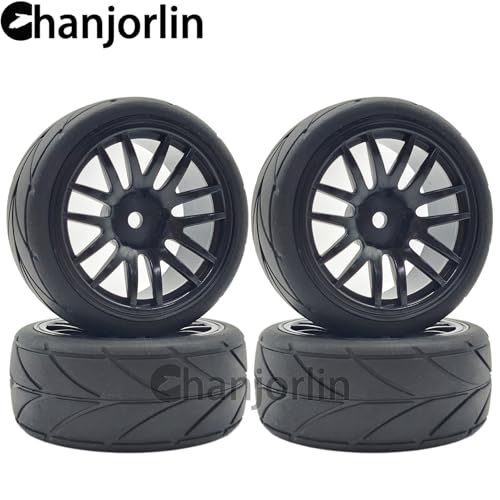 RC 1/10 On Road Touring Tires & Wheels 12mm Hex Hard Plastic Rims OD 65mm Street Racing Tyre for 1:10 1/12 Rally Drift Car Tamiya TT01 TT02 Traxxas XV02 XV01 HPI KYOSHO PTG2 4PCS (Black) - color: Black