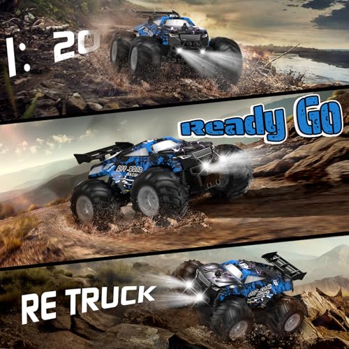 All-Terrain Remote Control Car for Boys Christmas Kids Rechargeable | Monster Rc Truck with LED, 1:20 10KM/H, 2 Motors, 2.4GHZ, Speed Friendly, Sturdy Rc Cars for Christmas Kids 6+, Beginner - color: Blue