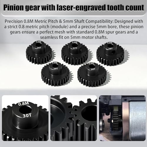 5Pcs 0.8M Hardened Steel Pinion Gear Set 5mm Shaft 26T 27T 28T 29T 30T Motor Pinion Gear with M4 Screw and Hex Key, for Arrma HPI Kyosho Losi Axial Traxxas Tamiya 1/10 RC Car and 540/550 Motors - size: 0.8M-5mm-26-30T