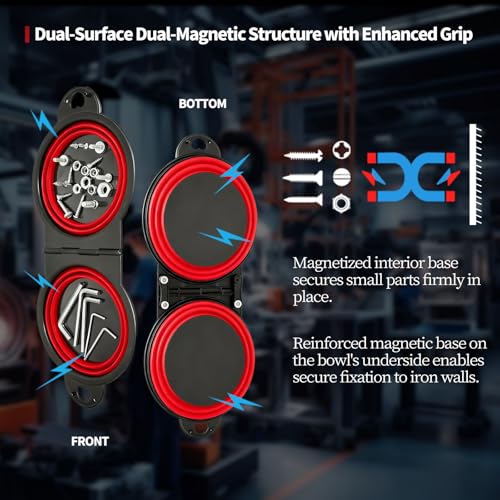 Magnetic Trays, Magnetic Bowl for Screws, Magnetic Tool Tray (red2.0) | Collapsible Magnetic Tool Tray, Integrated 5.1" Round Dual Silicone Bowls, Upgraded Version, Bonus Hook for On-the-Go Carry - style: red2.0