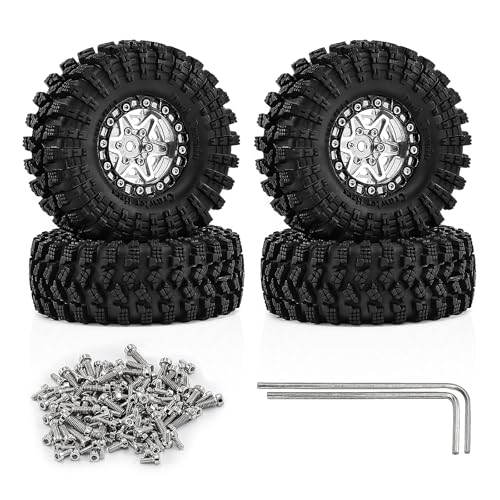 1.3" Pre-Assembled Beadlock Wheels and Tires 70mm (2.75in) for SCX24 TRX4M 1/18 1/24 RC Crawlers – Aluminum Rims, Soft Rubber Tires with Foam Inserts, Easy-Install Upgrade Parts (Silver) - color: Silver