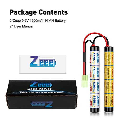 Zeee 9.6V Airsoft Battery 1600mAh NiMH Battery with Mini Tamiya Plug | High Power RC Battery for Airsoft Guns(2 Pack)