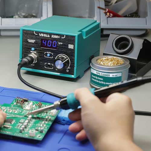 YIHUA 939D+ Digital Soldering Station, 75W Equivalent with Precision Heat Control (392°F to 896°F) and Built-in Transformer. ESD Safe, Lead Free with °C/°F display (Green) - color: Green