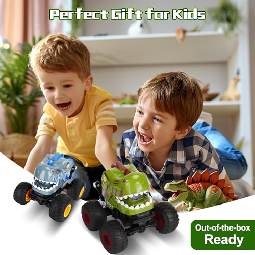 Drefirsa Dino Remote Control Car for Boy 4-7 8-12 wtih Stunt, Light, Sound | 50min+ Runtime, Spray, LED Light, 360° Rotating, 90° Driving, Dinosaur Toy, Monster Truck Toy for Kid Birthday Christmas Gift - color: Green & Brown