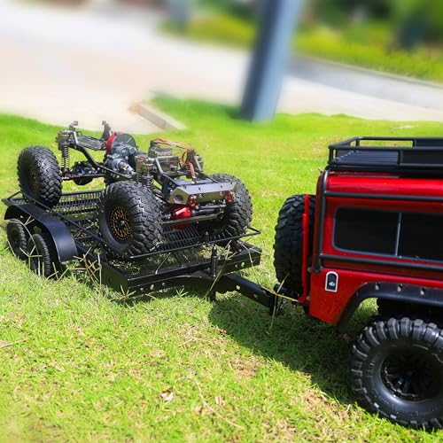 1/10 RC Car Trailer Heavy-Duty Metal RC Trailer for 1/10 RC Crawler TRX4 TRX6 SCX10 Gen7 Gen8, Hitch Receiver and Kinetic Winch Strap Included