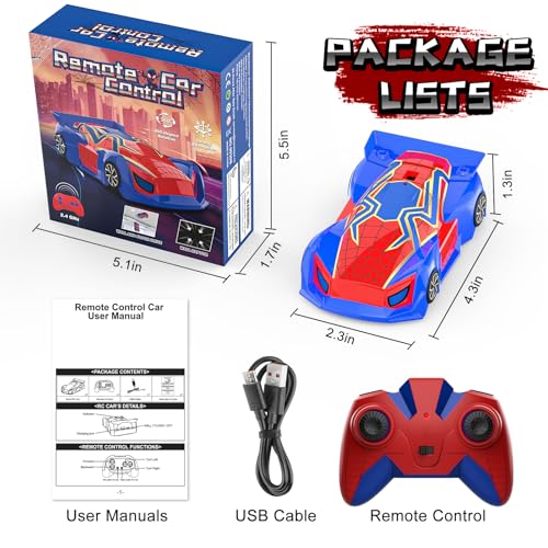 Wall Climbing Remote Control Car Mini, Spider | 360° Rotating RC Stunt Car, Rechargeable RC Cars Toys for 3 4 5 6 7 8 9 10 11 12 Year Old Boys Girls Kids - color: Red&blue Mini