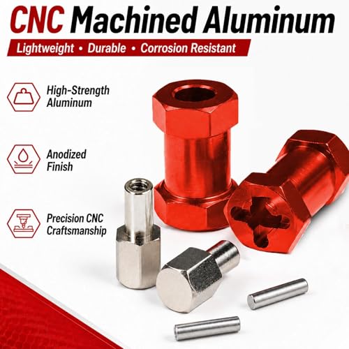 4PCS 12mm Hex Hub 20mm Aluminum Extension Hex for Axial SCX10 D90 90046 | 20mm CNC Wheel Hex Extenders for 1/10 RC Crawlers Redcat Gen7/Gen8 CC01 RC4WD Wider Stance & Tire Clearance with M4 Nuts Pins - color: red