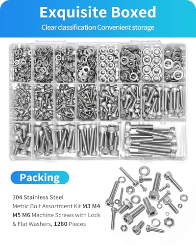 Metric Screw Assortment, 1280PCS Metric Bolt Assortment Kit M3 M4 M5 M6 Machine Screws with Lock & Flat Washers, 304 Stainless Steel Hex Socket Head Cap Screws Nuts and Bolts Kit (Silver) - size: M3M4M5M6 1280PCS