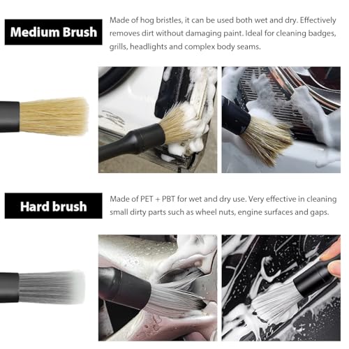 4 PCS Car Detailing Brush Set, Boars Bristle No Scratch Dusting Tool Cleaning Auto Interior or Exterior, Premium Brushes Cleaning Supplies for Dashboard Air Vent Seat Wheel