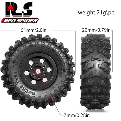 REDSPIDER 1.0 Beadlock Wheels and Tires(4pcs)1.0 Crawler Tires 51*20mm 1.0 Wheel color and style are optional 1/18 1/24 RC Crawler Tires for SCX24 TRX4M FMS FCX24 FCX18 AX24 (Black(circular hole)) - color: Black(circular Hole)
