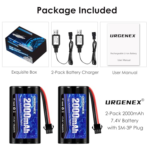 2S RC Battery 2000mAh 7.4V Li-ion Battery with SM3P Plug 2S Rechargeable RC Battery with 2 USB Chargers Fit for RC Toys RC Car Truck and RC Tank