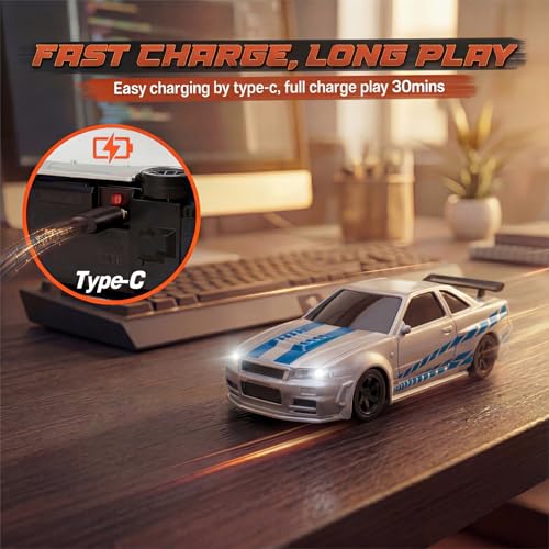 [2026 Upgrade 1/43 Mini RC Drift Car with Gyroscope, 4WD RTR | Gyro Mini Drift RC Car, 1/43 RC Drift Car Toys for Kids Ages 8-14, Birthday Gifts for Boys Girls, 2 Tire Sets, 8 Cones - color: Silver Blue