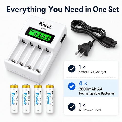 DMK POWER AA Rechargeable Batteries with Charger, 4-Pack 2800mAh NiMH Set | 4-Slot LCD Smart Charger for Remotes, Toys, Flashlights & Clocks Global Voltage Compatible