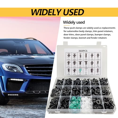 360pcs Bumper Retainer Clips Car Plastic Rivets Fasteners Push Retainer Kit with 18 Most Popular Sizes Auto Push Pin Rivets for Benz, BMW, Toyota, Honda, Subaru, Nissan, Mazda etc