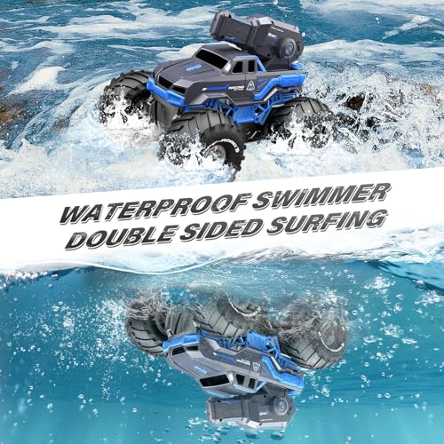 Amphibious Remote Control Car Boat Water Squirt RC Tank 2.4GHz Gesture Sensor 4WD Monster Truck Waterproof RC Car for 6 7 8 9-12 Kids Girls Boys Gift Beach Pool Water Toy With 2 Replaceable Batteries - color: Bule