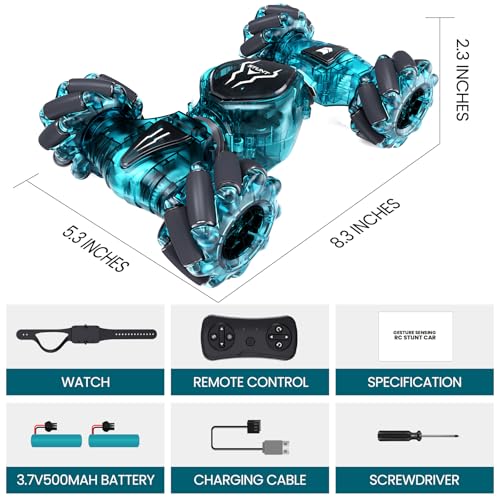 Tecnock Remote Control Car for Boys Girls, 2.4GHz 4WD Gesture Sensing RC Stunt Car Toys - 360° Rotating Double Sided Hand Controlled RC Cars with LED Lights, Gifts for Kids Ages 6-8, 8-12 - color: Deep Green