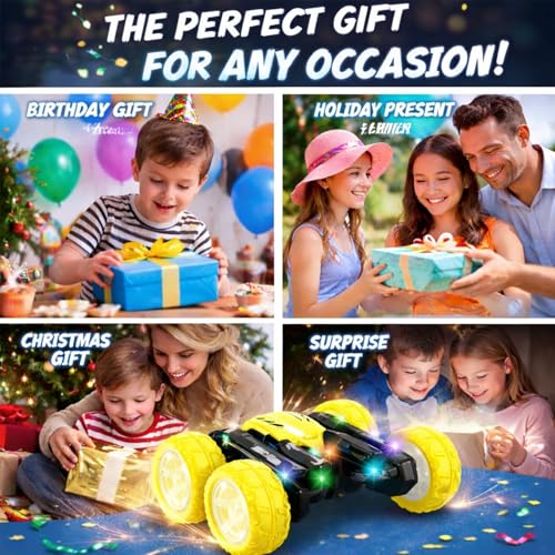 Remote Control Car for Kids, 360° Rotating Stunt Car, Double-Sided Driving, 2.4GHz RC Car, Rechargeable All-Terrain Toy, LED Glowing Wheels with Projection, for Boys & Girls Ages 4-8 - color: Yellow