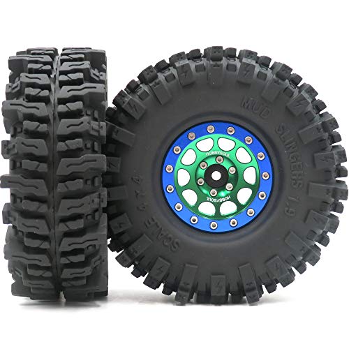 Soft Sticky 1.9 Mud Slingers Tires T8 Tyre 120mm/4.72inch & 1.9 Beadlock Wheels Green Blue Color For 1/10 Rock Crawler Traxxas TRX4 Axial SCX10 Redcat Gen8, (4-Pack) - color: Green & Blue