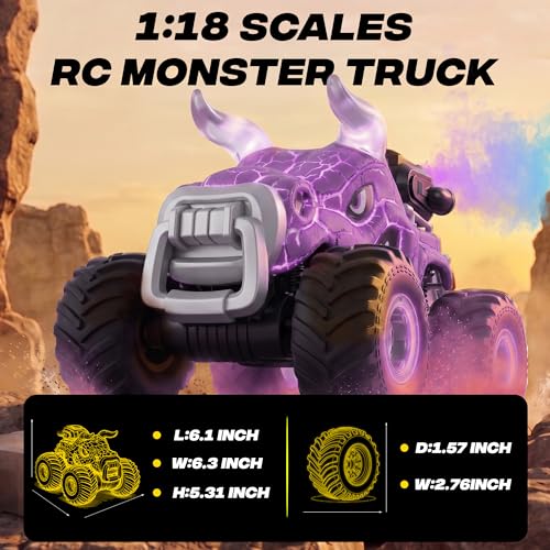 BEZGAR Monster Truck Toys, 1:18 Remote Control Monster Truck with Water Spray & Dancing Spins, 4WD RC Truck for Boys 4-7, RC Cars, Toys for 4+ Year Old Boys(Purple) - color: Purple
