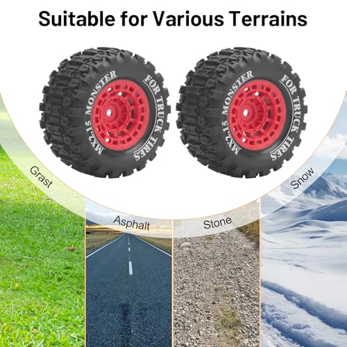 1/16 RC Car Tires and Wheels, daitoku 12mm Hex RC Truck Tires for MiniX Mini XRT 1/16 MJX 16207 16210 16209 16208 HSP 94186 Traxxas E-Revo LOSI 1/18 Mini LMT - Style B (Red) - color: Red