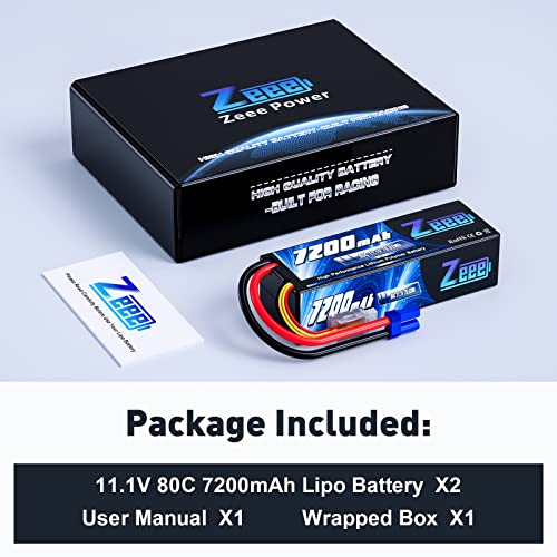 Zeee 3S Lipo Battery 7200mAh 11.1V 80C with EC5 Connector Hard Case Battery Compatible with RC Car RC Truck RC Boat LOSI Associated Racing Hobby (2 Packs)