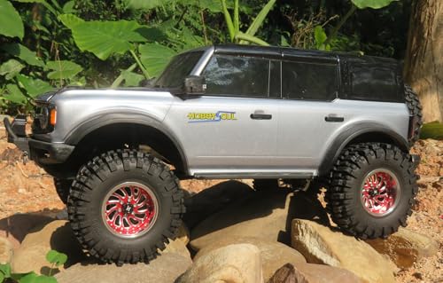 2.2 Mud Slingers Tires with Adjustable Offset 2.2 Beadlock Wheels, 124mm Tall 2.2 Tires & 40mm Wide 2.2 Rims for 1/10 RC Crawler TRX4 SCX10 Capra Upgrades,HS701585 - color: Silver & Red