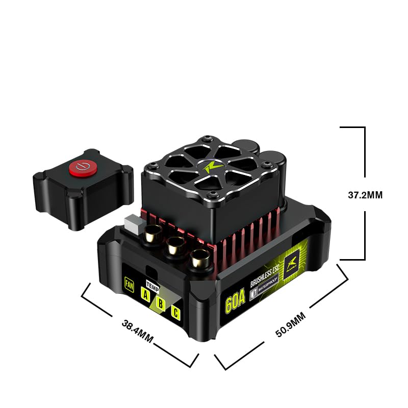 CROBOLL RE034 60A Independent Brushless ESC with Cooling Fan for RC Car RZ001 and XTS-F10, 3-Wire Electronic Speed Controller Accessories Replacement