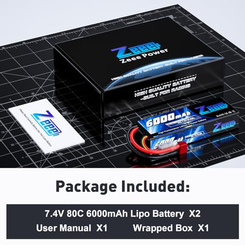 Zeee 2S Lipo Battery 6000mAh 80C 7.4V with T Connector (2 Pack) | Hard Case RC Battery for 1/8 Scale RC Car RC Airplane RC Helicopter RC Boat