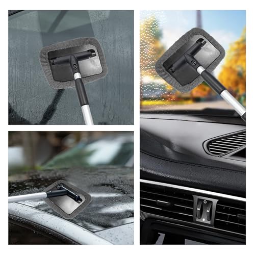 Car Windshield Cleaner Tool, Detachable Car Window Cleaner with Aluminum Extendable Handle & 2 Reusable Cloth Pads, Washable Vehicle Windshield Cleaning Wand for Exterior (Gray) - color: Gray