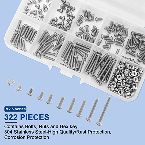 NINDEJIN 322 Pcs M2.5 Small Metric Screw Bolts Assortment, Button Head Socket Cap Screw Bolts and Nuts with Allen Key, M2.5 x 3/4/5/6/8/10/12/16/20 mm Screw Bolt, 304 Stainless Steel Screws and Nuts - size: 322Pcs M2.5 3mm-20mm