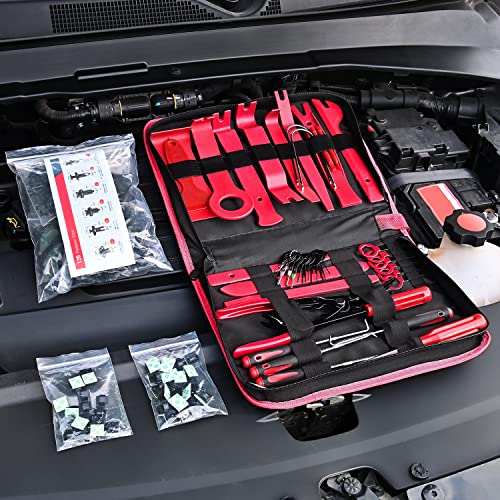Nilight 200Pcs Trim Removal Tool, Auto Push Pin Bumper Retainer Clip Set | Fastener Terminal Remover Adhesive Cable Clips Round Handle Crowbar Kit Car Panel Radio Auto Clip Pliers - color: 200 Clips+ Remover Tools Red