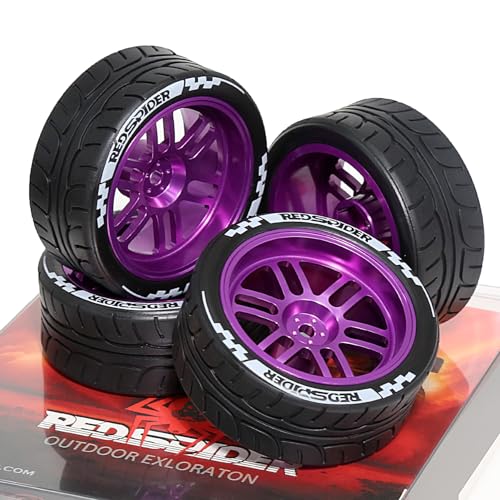 1/10 On Road Tires and Aluminum Wheels 12mm Hex RC Rally Racing Tyres OD 2.56" for Tamiya TT01 TT02 XV01 TA06 A959 PTG2 HPI KYOSHO PTG2 Traxxas 1:10 Street Touring Drift Car (Purple) - color: Purple