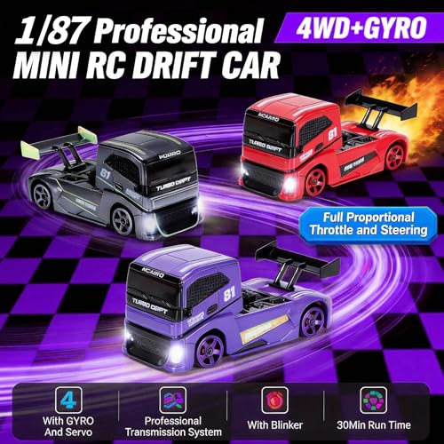 1/87 Scale Drift Rc Car - Semi-Truck Edition | 2.4GHz 4WD High-Speed Mini Remote Control Truck with Racing Lights (Gray)