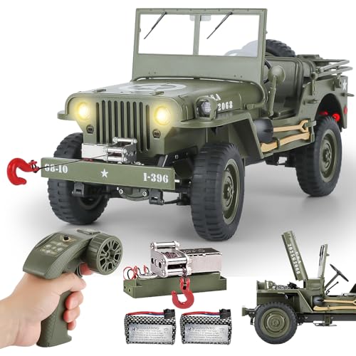 1/10 Scale RC Military SUV, Remote Control 4WD Off-Road Vehicle with Alloy Frame Chassis, with Winch, Army Vehicle with Opening Hood and Folding Windshield, 2 Batteries - color: Rc Car + Winch + 2 Battery