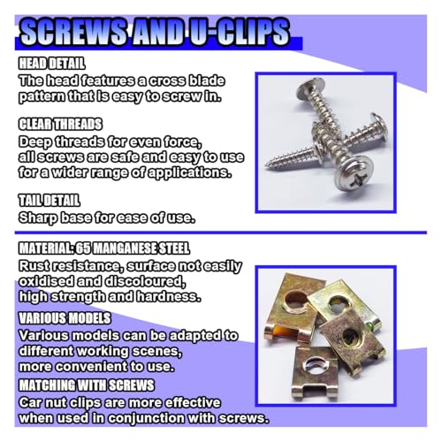 200PCS Car U‑Clips with Screw Assortment Kit, 6/8/10/12 Vehicle U Nuts and 4 Sizes Screws Clip, Automotive Interior Dash Fastener Replacement Set for Door Trim Panel Bumper