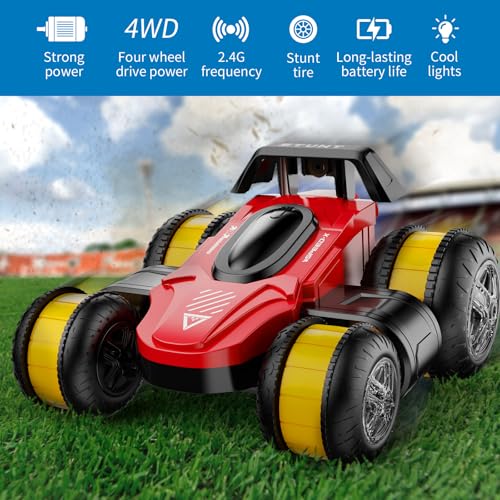 Remote Control Car RC Stunt Cars Toy Gifts - High-Speed Drift 360 Flips Four-Sided Driving Rotating Twist 4WD Offroad Vehicle for Kids Boy Girl Birthday Presents Ages 5 6 7 9 10 11 12 Years Old Red - color: Red