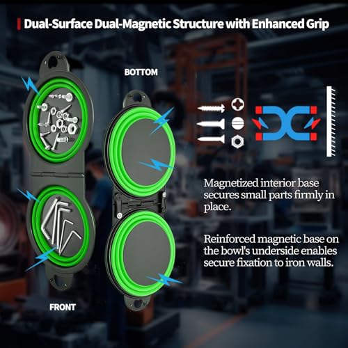 Magnetic Trays, Magnetic Bowl for Screws, Magnetic Tool Tray (green2.0) | Collapsible Magnetic Tool Tray, Integrated 5.1" Round Dual Silicone Bowls, Upgraded Version, Bonus Hook for On-the-Go Carry - style: green2.0
