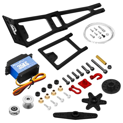 Aluminum RC Winch Double Stent Rescue Set Truck Tow Crane Arm Wrecker Kit with 360° 35KG Servo for 1/10 SCX10 TRX4 RC Crawler and Trailer RC Upgrade Parts (Black) - color: Black